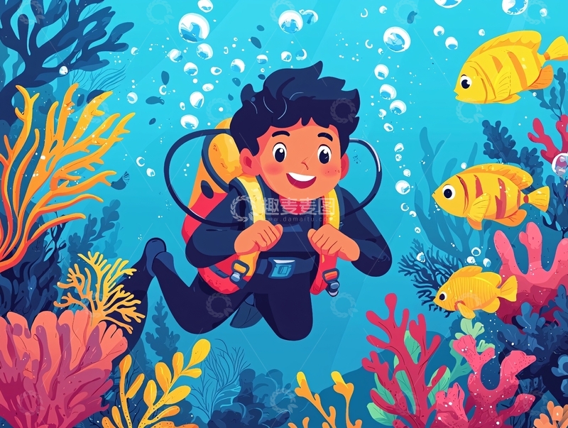 高清大图下载【趣麦麦图】潜水员与鱼在珊瑚礁中嬉戏