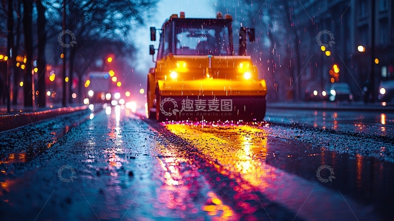 高清大图下载【趣麦麦图】雨夜城市道路清扫车