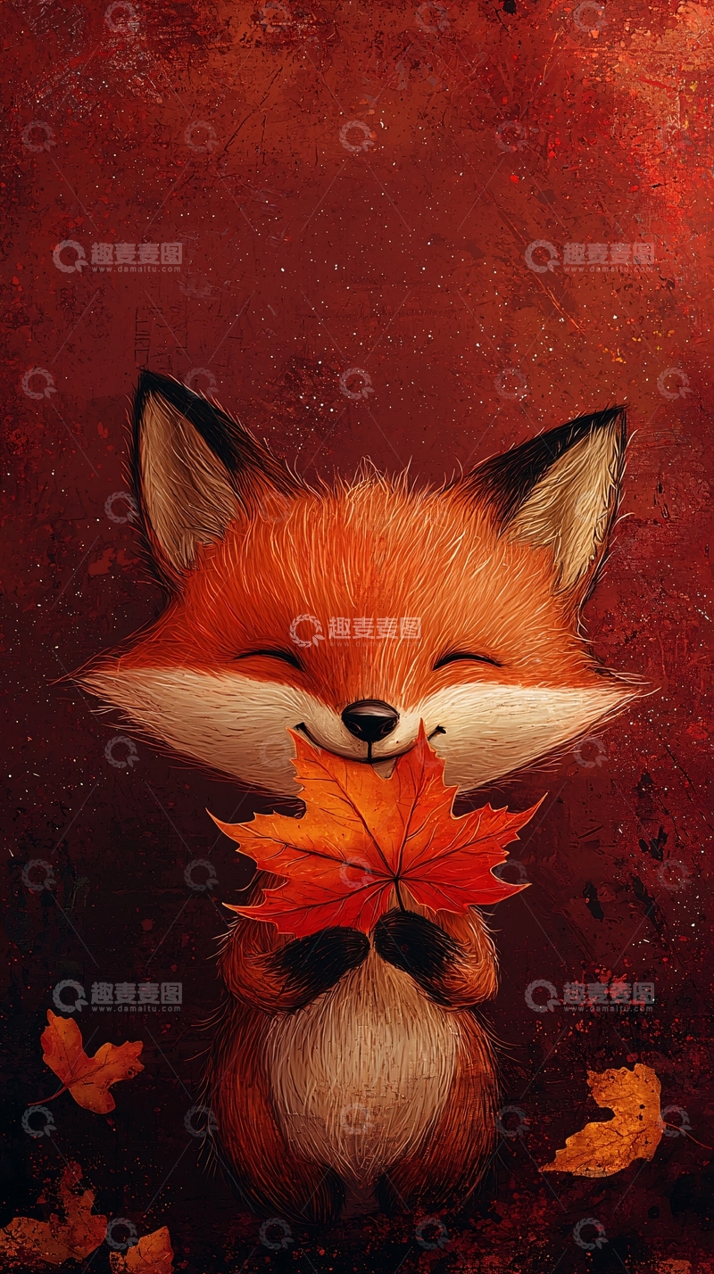 高清大图下载【趣麦麦图】可爱小狐狸捧着枫叶