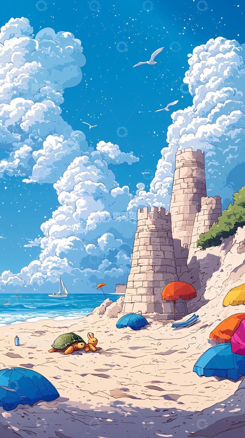 高清大图下载【趣麦麦图】夏日海滩城堡风景