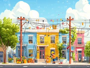 卡通风格彩色房屋街道场景