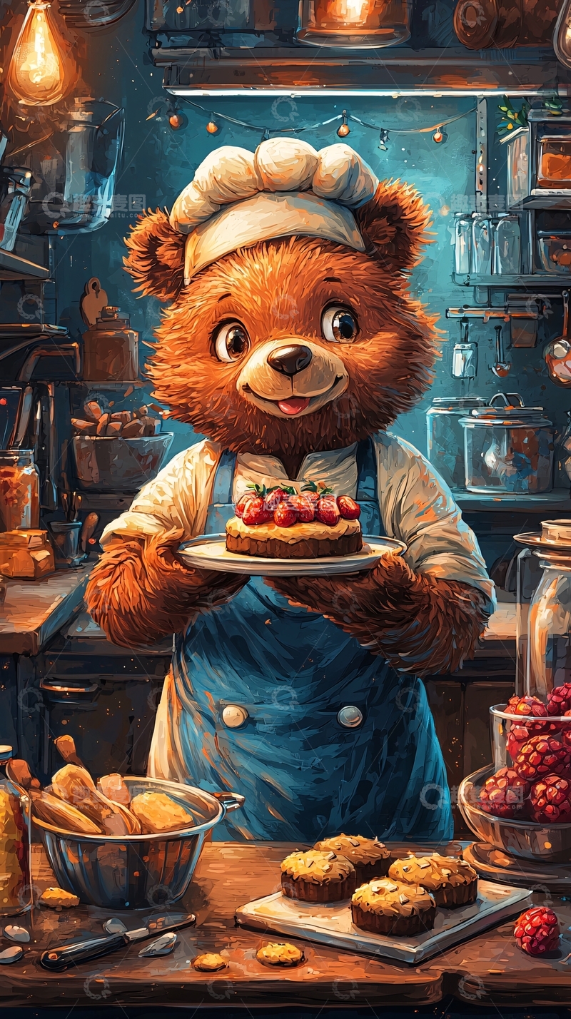 高清大图下载【趣麦麦图】厨师熊拿着草莓蛋糕