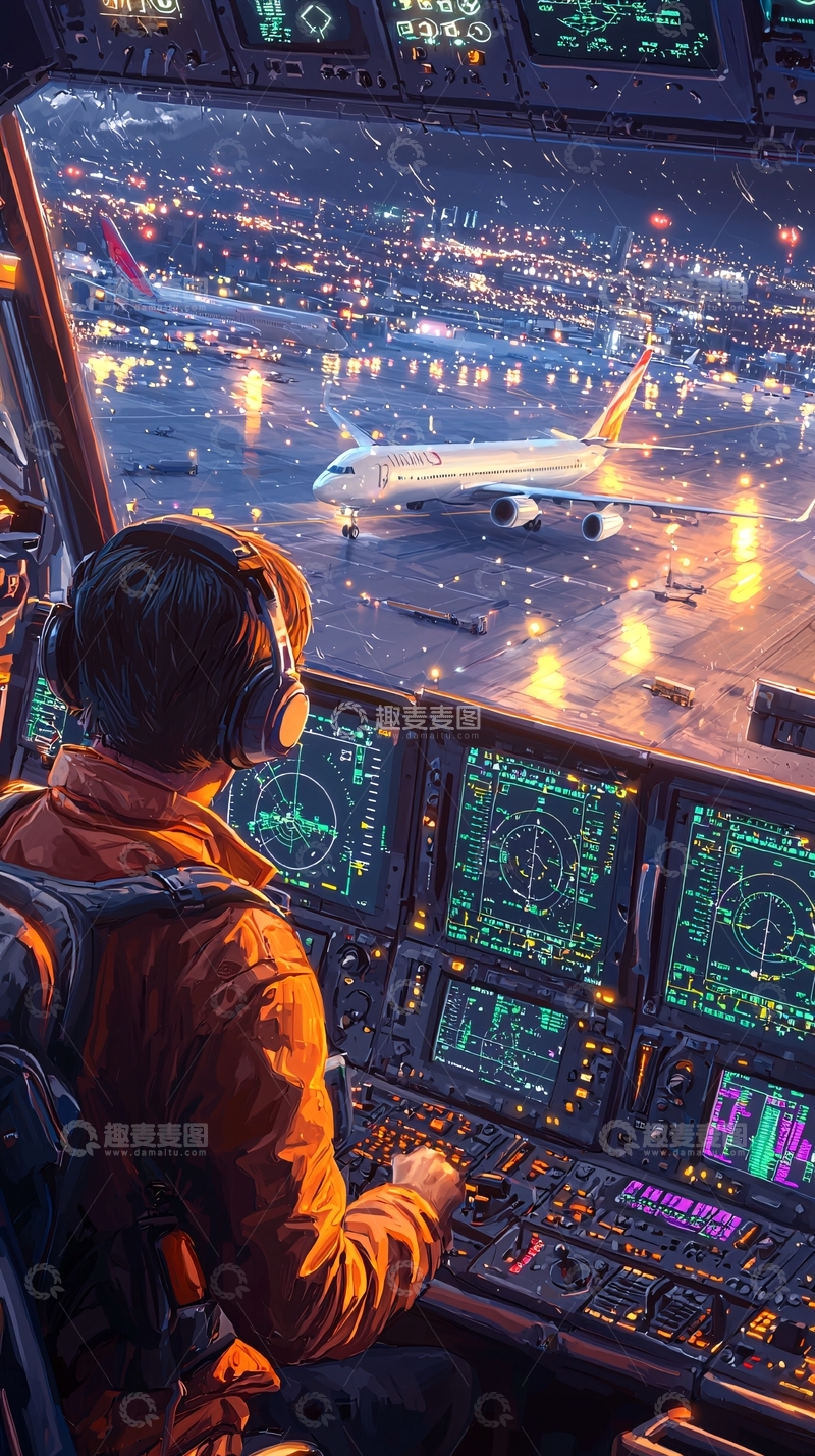 高清大图下载【趣麦麦图】飞机驾驶舱内夜景