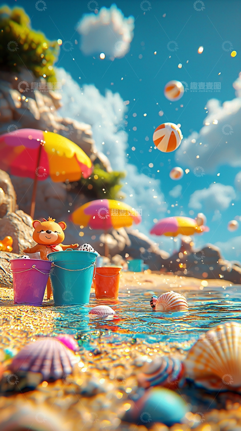 高清大图下载【趣麦麦图】沙滩上的卡通小熊