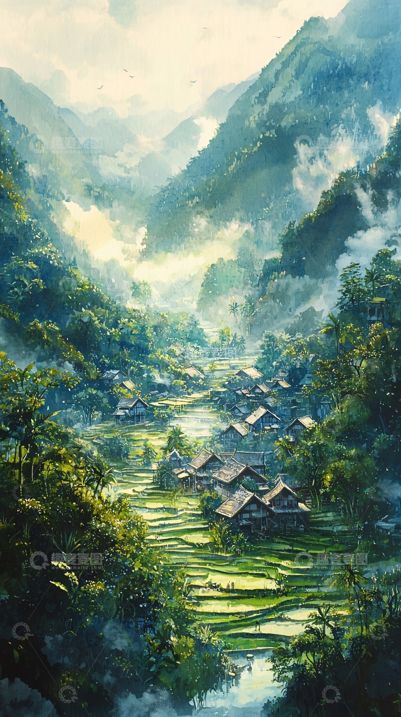 高清大图下载【趣麦麦图】山谷村庄田园风光