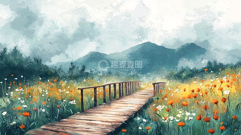 高清大图下载【趣麦麦图】木桥花海山峦景色