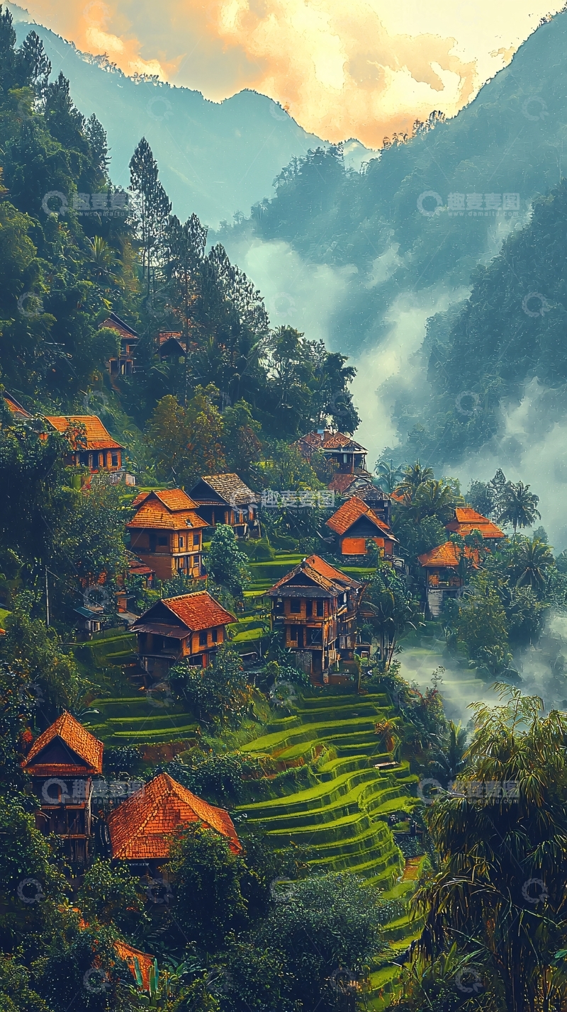 高清大图下载【趣麦麦图】山间梯田村落美景