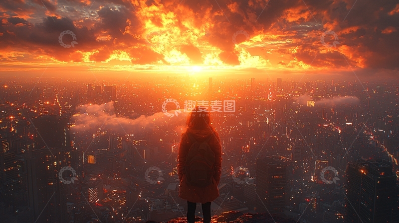 高清大图下载【趣麦麦图】火焰般燃烧的城市日出