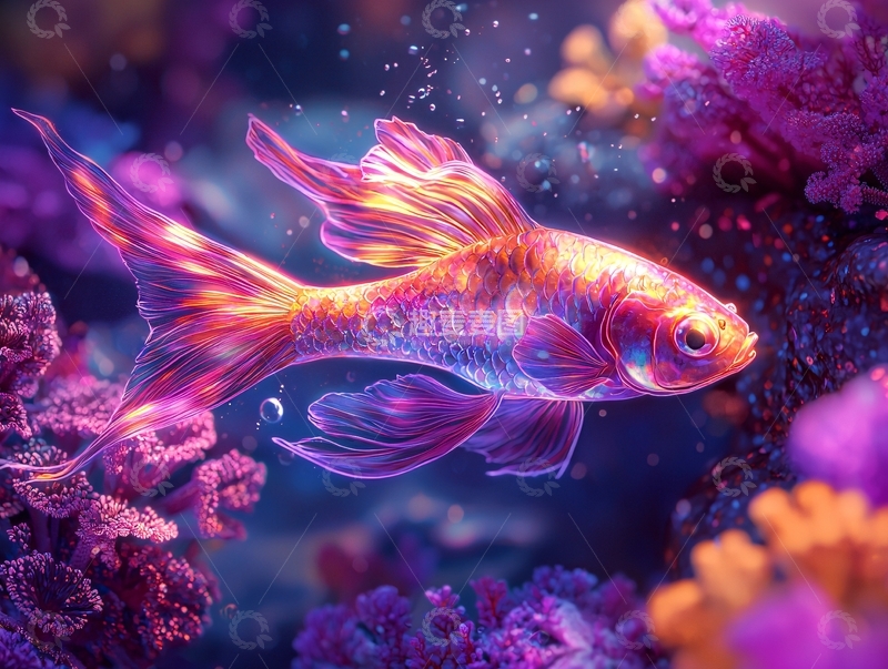 高清大图下载【趣麦麦图】绚丽的金色鱼在紫色珊瑚中