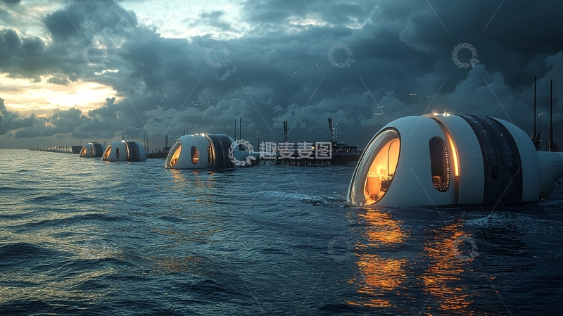 高清大图下载【趣麦麦图】海面上的未来主义漂浮住宅