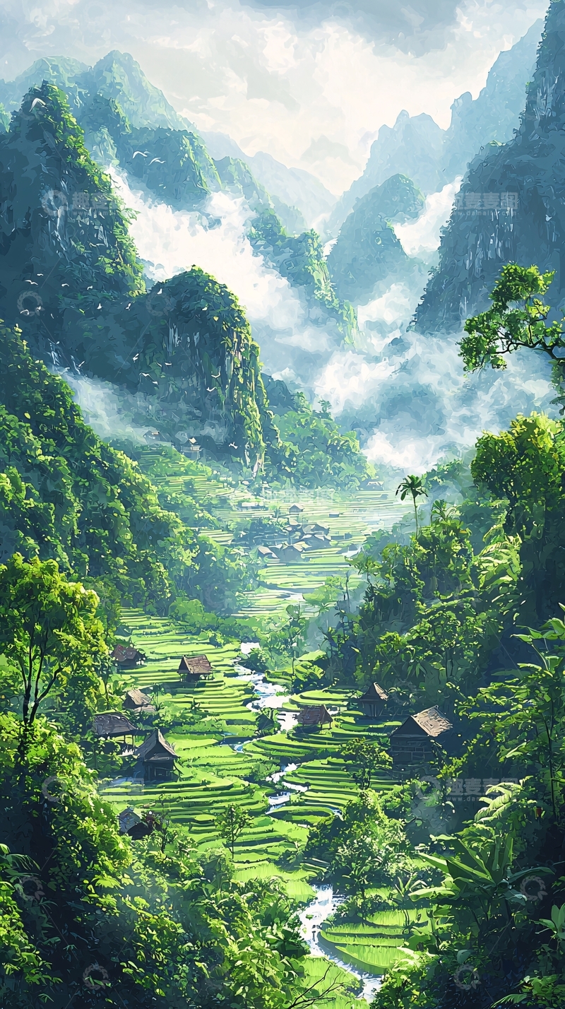 高清大图下载【趣麦麦图】云雾缭绕的山谷田园风光