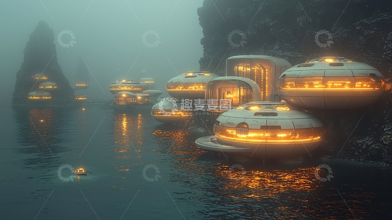 高清大图下载【趣麦麦图】雾气弥漫的未来水边建筑