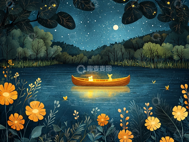 高清大图下载【趣麦麦图】夜晚湖泊独木舟