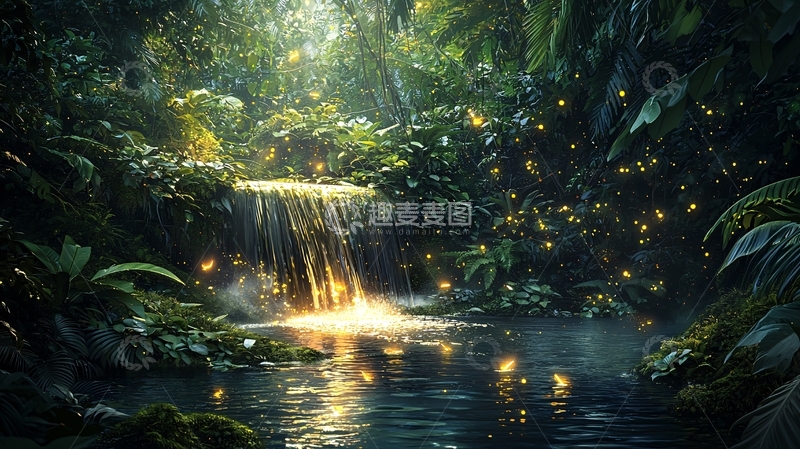 高清大图下载【趣麦麦图】神秘光辉森林小瀑布