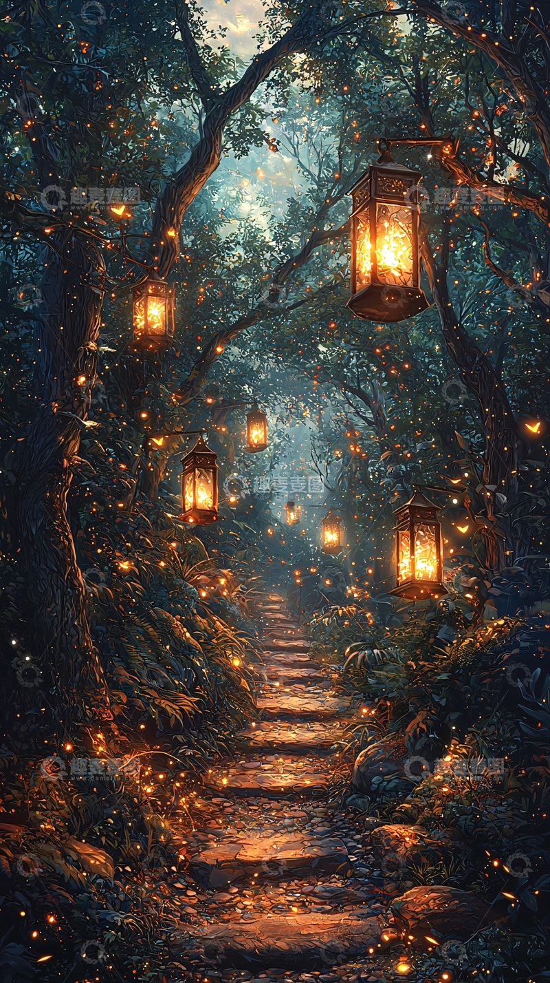 高清大图下载【趣麦麦图】黑暗森林小路灯笼