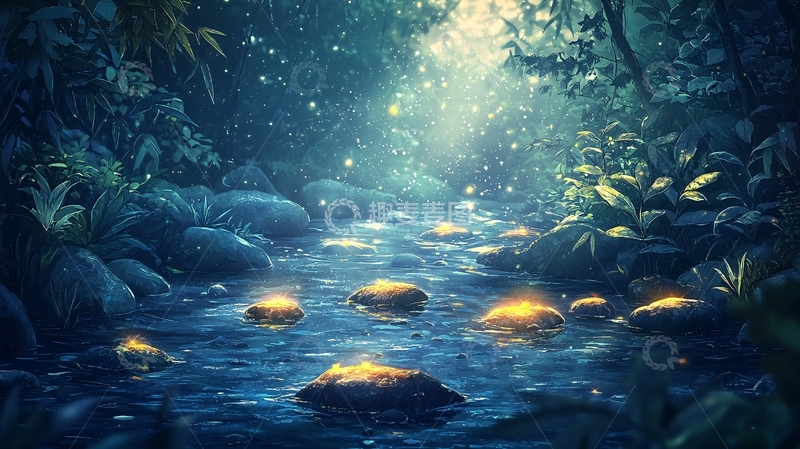 高清大图下载【趣麦麦图】夜间森林溪流萤火点点