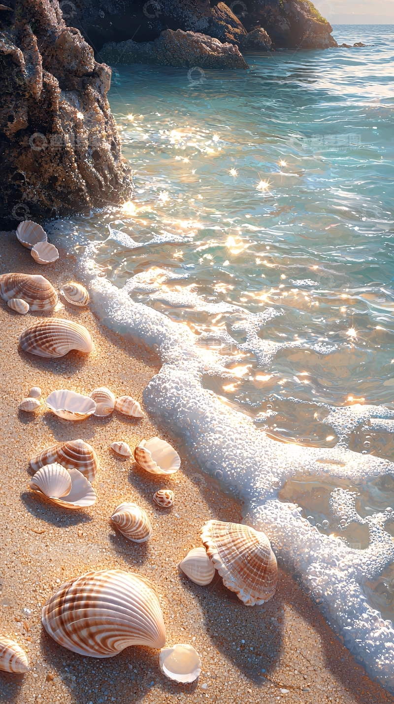 高清大图下载【趣麦麦图】阳光沙滩贝壳海浪