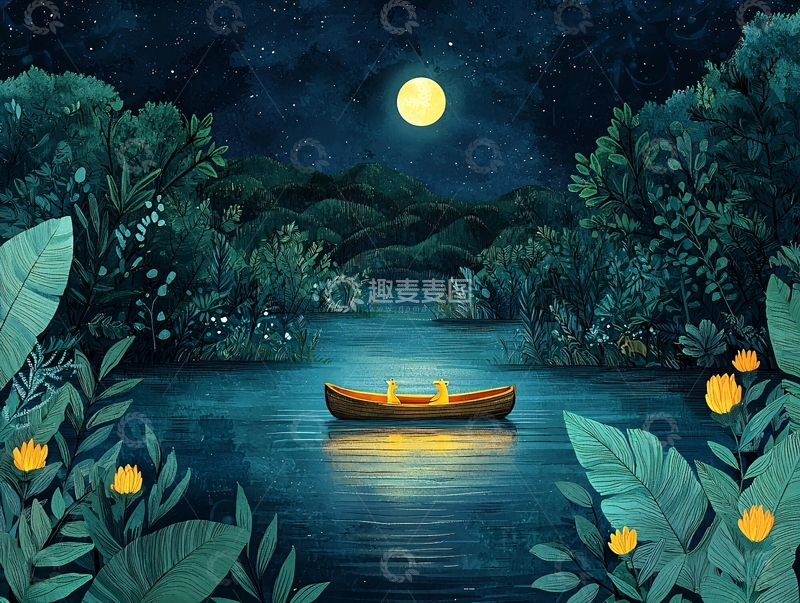 高清大图下载【趣麦麦图】夜空下小船在水中漂流