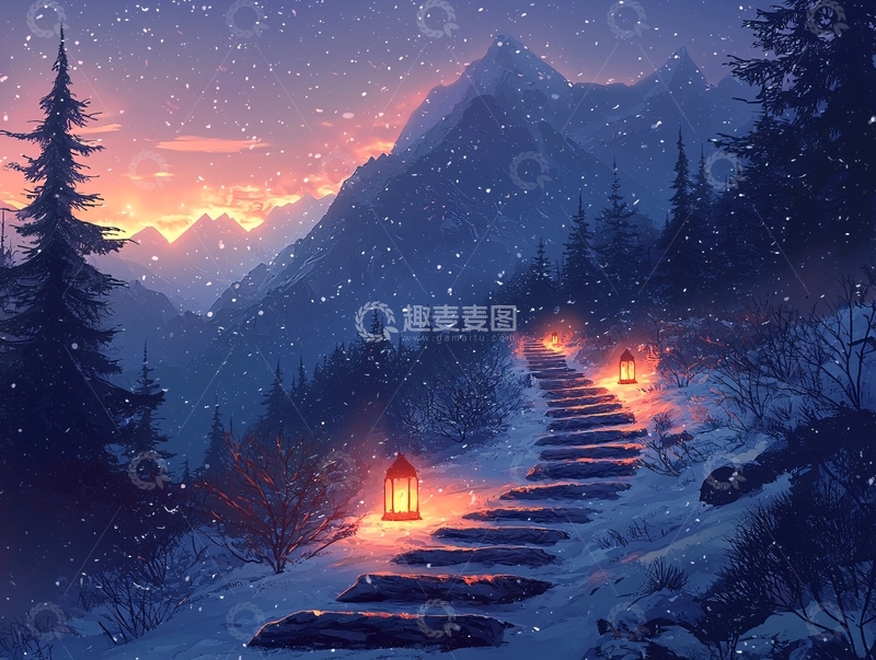 高清大图下载【趣麦麦图】冬日雪山星空小路