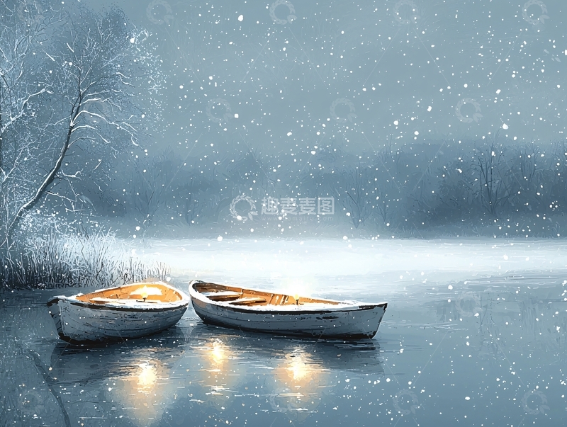高清大图下载【趣麦麦图】雪夜湖面小船