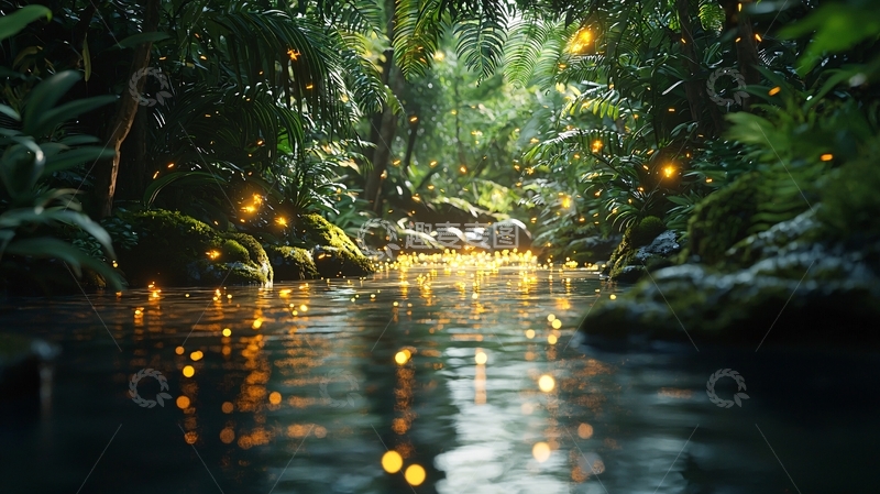 高清大图下载【趣麦麦图】萤火虫河流雨林