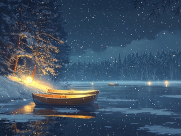 雪夜湖边的小船与光