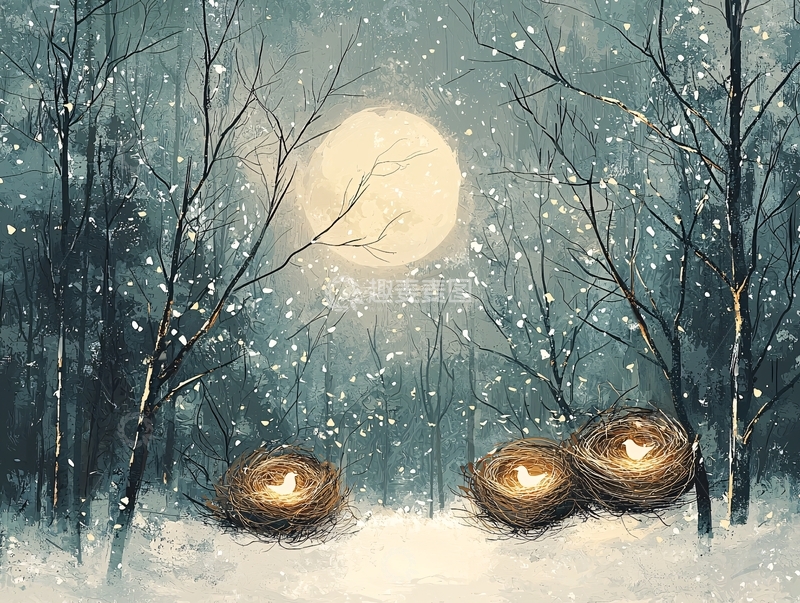 高清大图下载【趣麦麦图】雪夜森林鸟巢温馨场景
