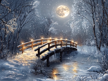 雪夜桥上明月静谧