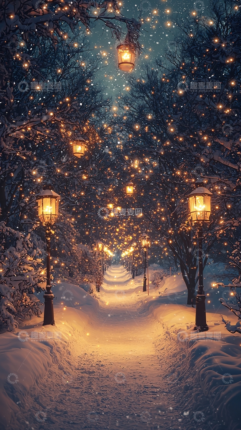 高清大图下载【趣麦麦图】冬日雪夜的路灯小道