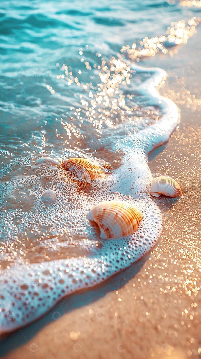 高清大图下载【趣麦麦图】海浪冲刷贝壳