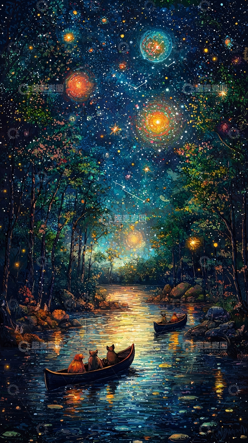 高清大图下载【趣麦麦图】星空森林河边小船