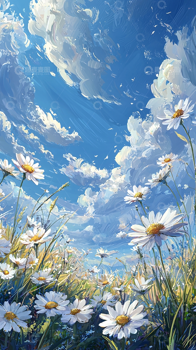 高清大图下载【趣麦麦图】雏菊花海蓝天白云