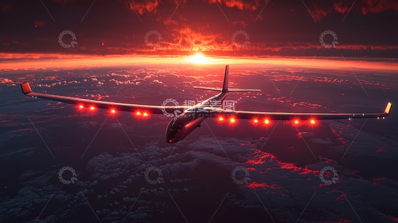 高清大图下载【趣麦麦图】红色日落下的太阳能飞机