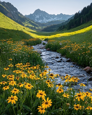 山谷中的溪流与野花
