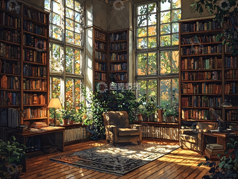 高清大图下载【趣麦麦图】阳光洒进的落地窗书房