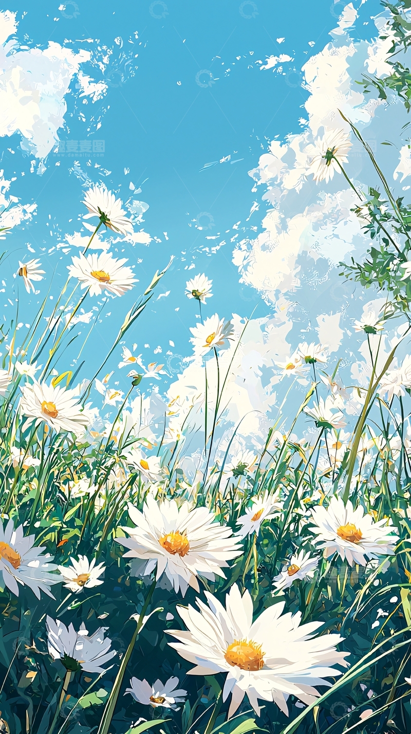 高清大图下载【趣麦麦图】雏菊花海蓝天白云