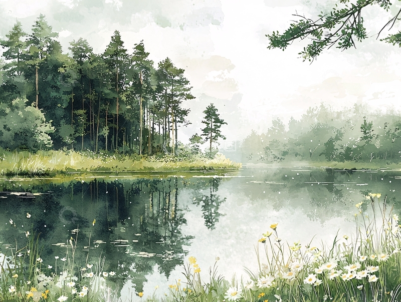 高清大图下载【趣麦麦图】宁静湖面森林水彩画