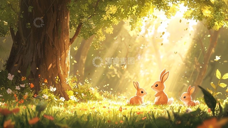 高清大图下载【趣麦麦图】阳光穿过树林照耀着三只小兔