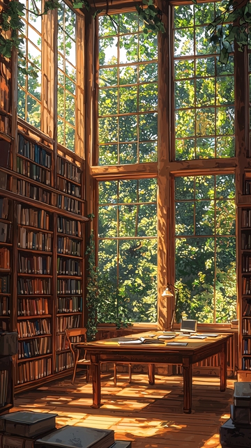 阳光透过窗户的图书馆