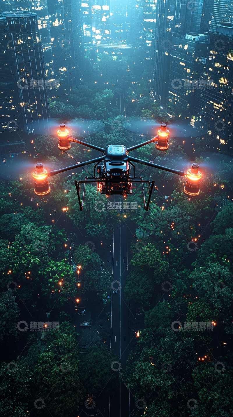 高清大图下载【趣麦麦图】-夜晚城市森林上空无人机