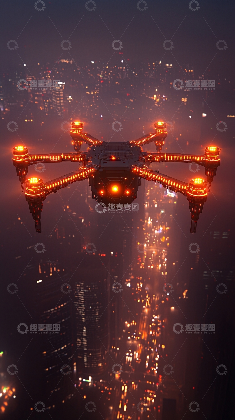 高清大图下载【趣麦麦图】夜空中飞行的未来感无人机