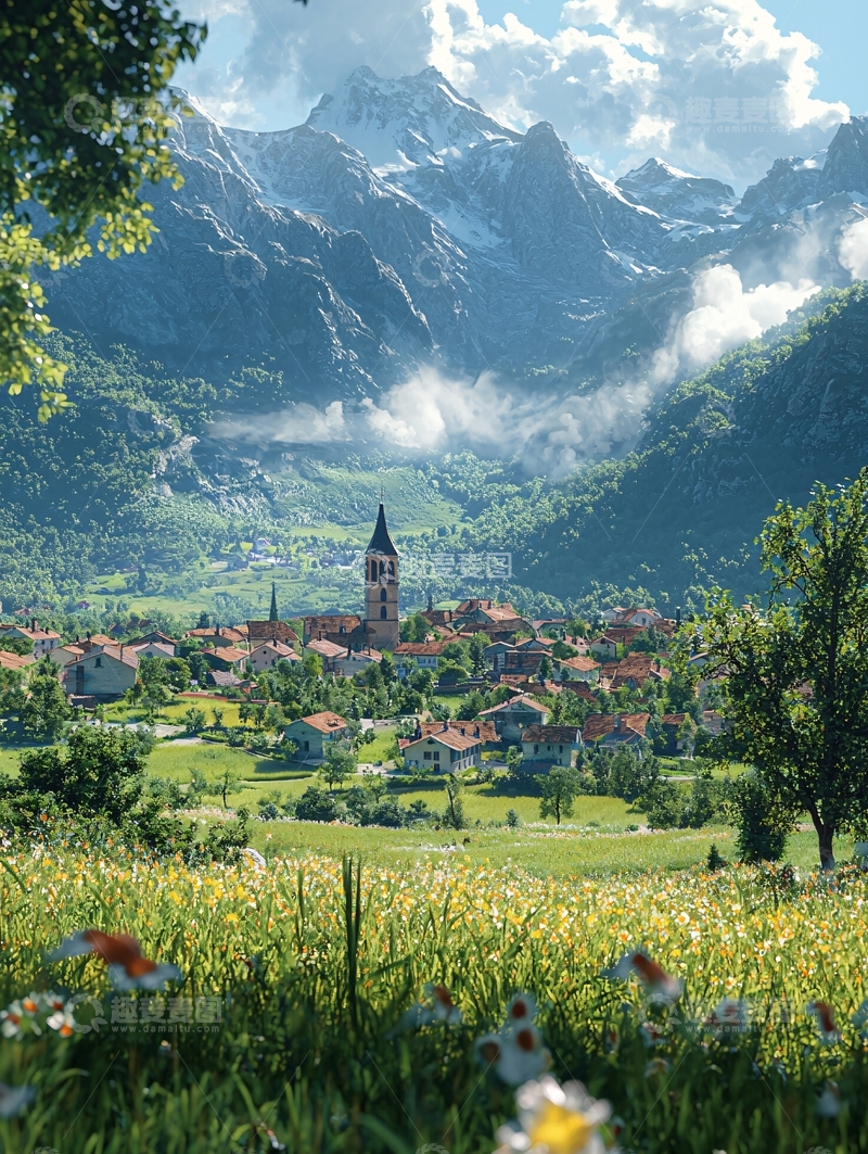 高清大图下载【趣麦麦图】阿尔卑斯山下的宁静小镇