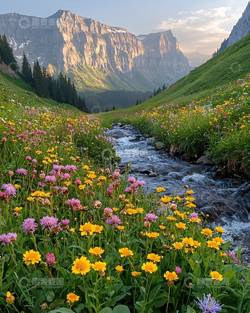 高清大图下载【趣麦麦图】鲜花盛开的山谷溪流
