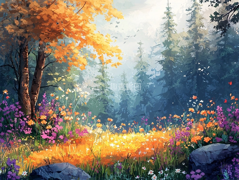 高清大图下载【趣麦麦图】秋日森林花海