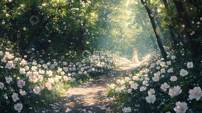 高清大图下载【趣麦麦图】阳光穿过森林洒在花径上