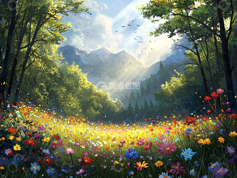 高清大图下载【趣麦麦图】森林花海山峰阳光