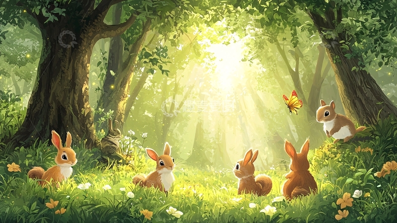 高清大图下载【趣麦麦图】森林兔子小松鼠阳光