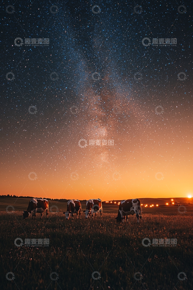 高清大图下载【趣麦麦图】牛群在星空下的田野