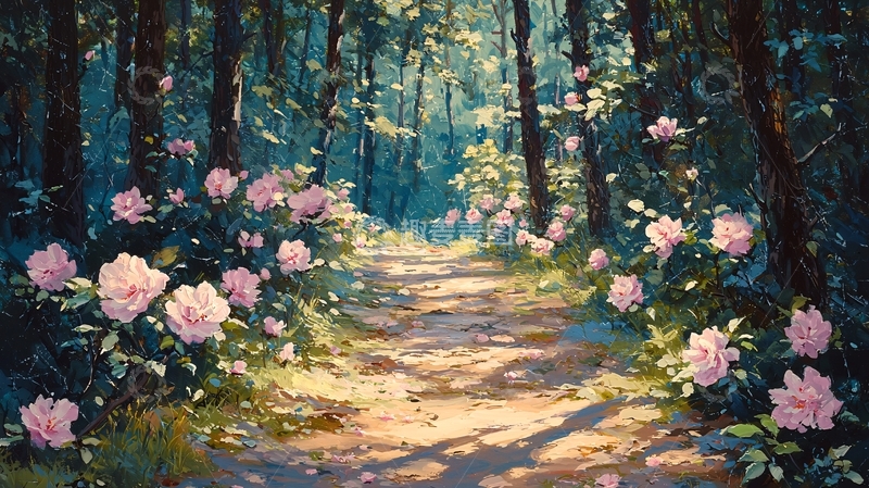 高清大图下载【趣麦麦图】林间小路花丛盛开