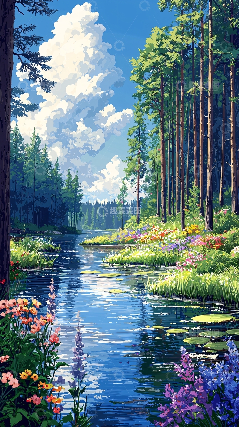 高清大图下载【趣麦麦图】宁静的森林小河风光